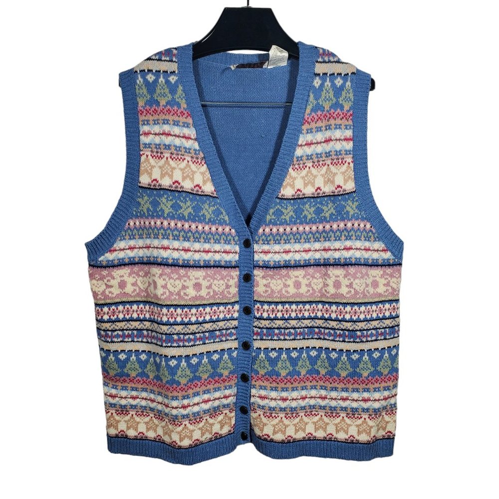 Erika II Novelty Knit Cardigan Sweater Vest Fair Isle Stripes Tree Heart Star
